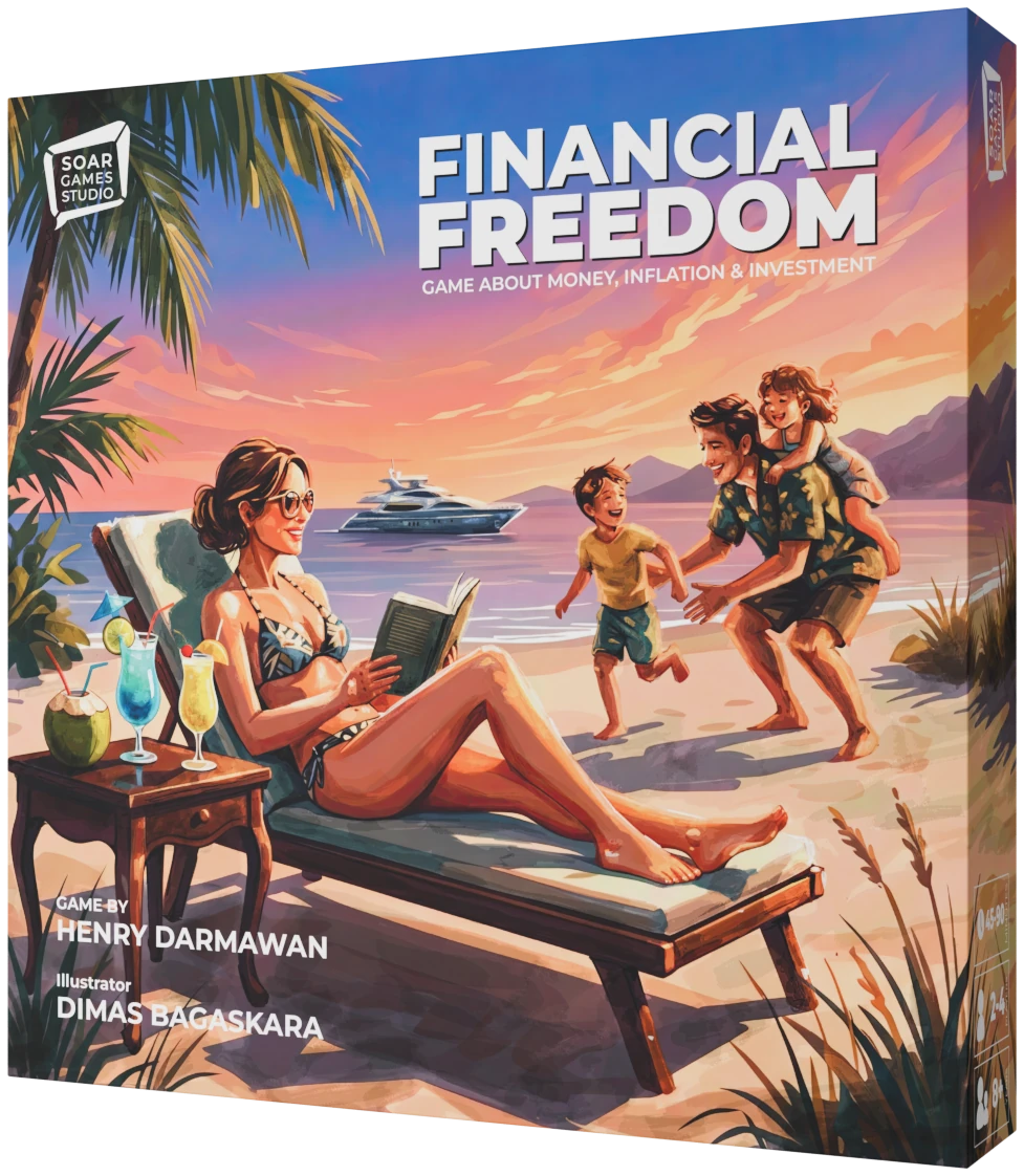 The Financial Freedom game box, showing a woman reading on a beach lounger at sunset while a family plays in the sand