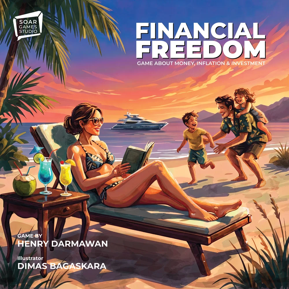 Financial Freedom cover art: a woman reading on a beach lounger at sunset while a family plays in the sand