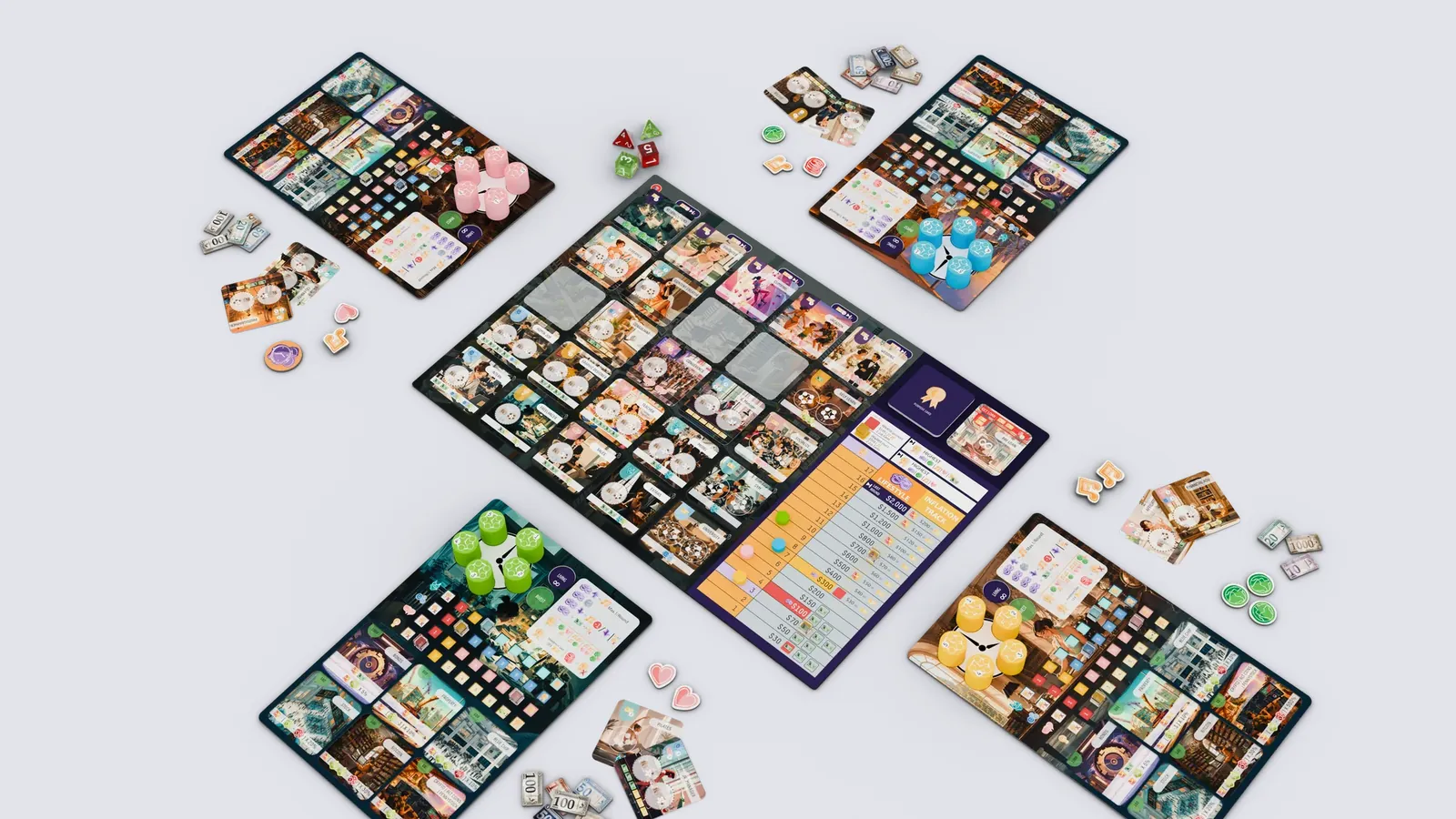Four player boards arranged around the central board, seen from above
