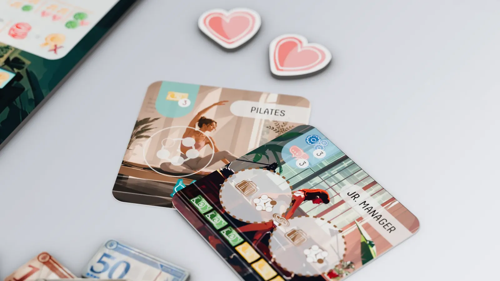 Purpose cards, heart tokens and money tokens