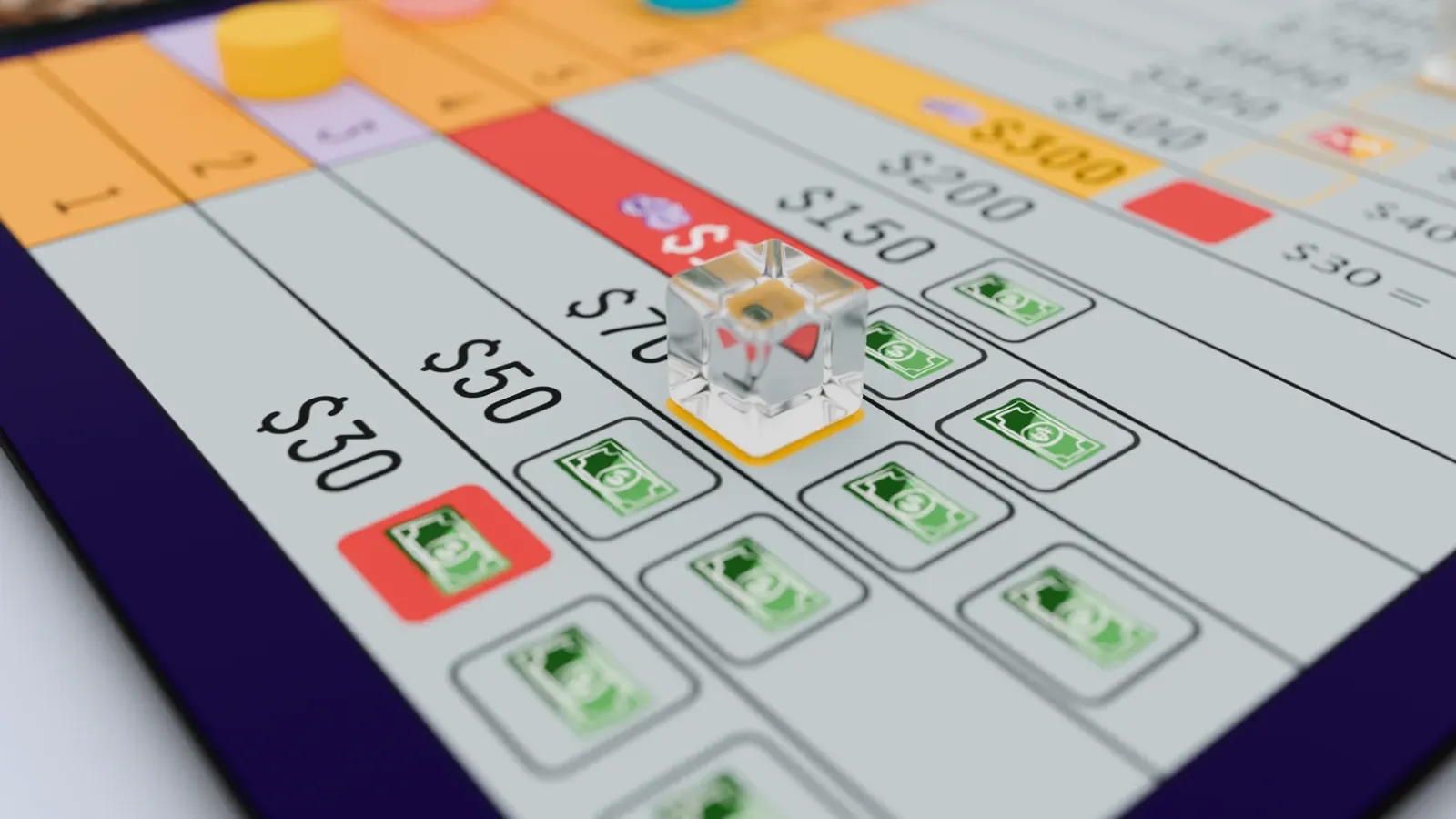Close-up of the money track with a clear cube marker