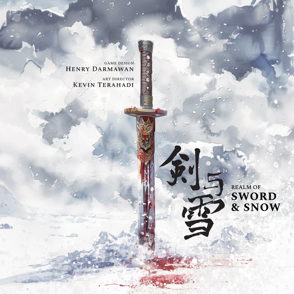 Sword and Snow cover art: a bloodied sword standing in a snowfield, painted in watercolor